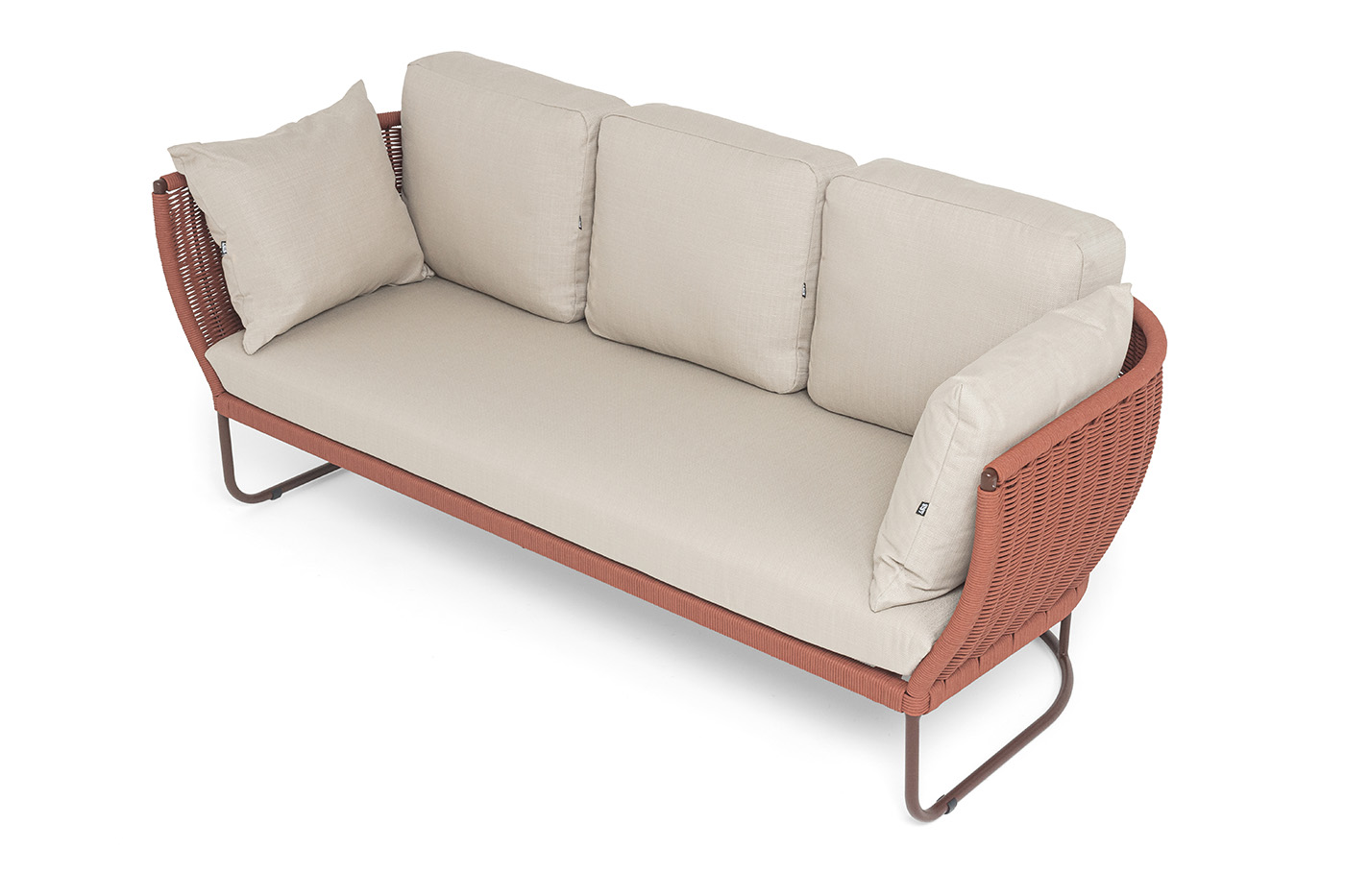 Фиджи диван 3-местный плетеный из роупа, каркас алюминий коричневый (RAL8016) муар, роуп красный (8372) круглый tex, ткань Mossle бежевая фото 4