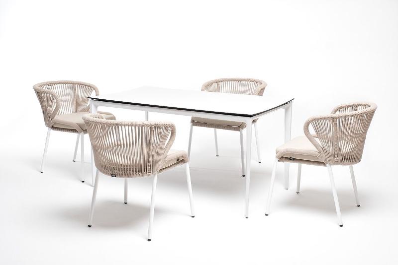 Обеденная группа Малага 4SIS на 4 персоны со стульями "Милан", каркас белый, роуп бежевый фото 3