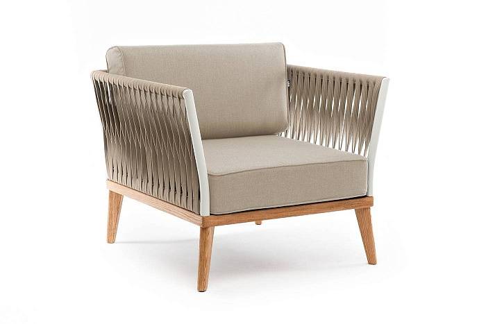 Кресло Касабланка 4SIS плетеное из роупа, основание дуб, каркас алюминий светло-серый (RAL7035) муар, роуп серо-коричневый 23мм, ткань бежевая 52 фото 2