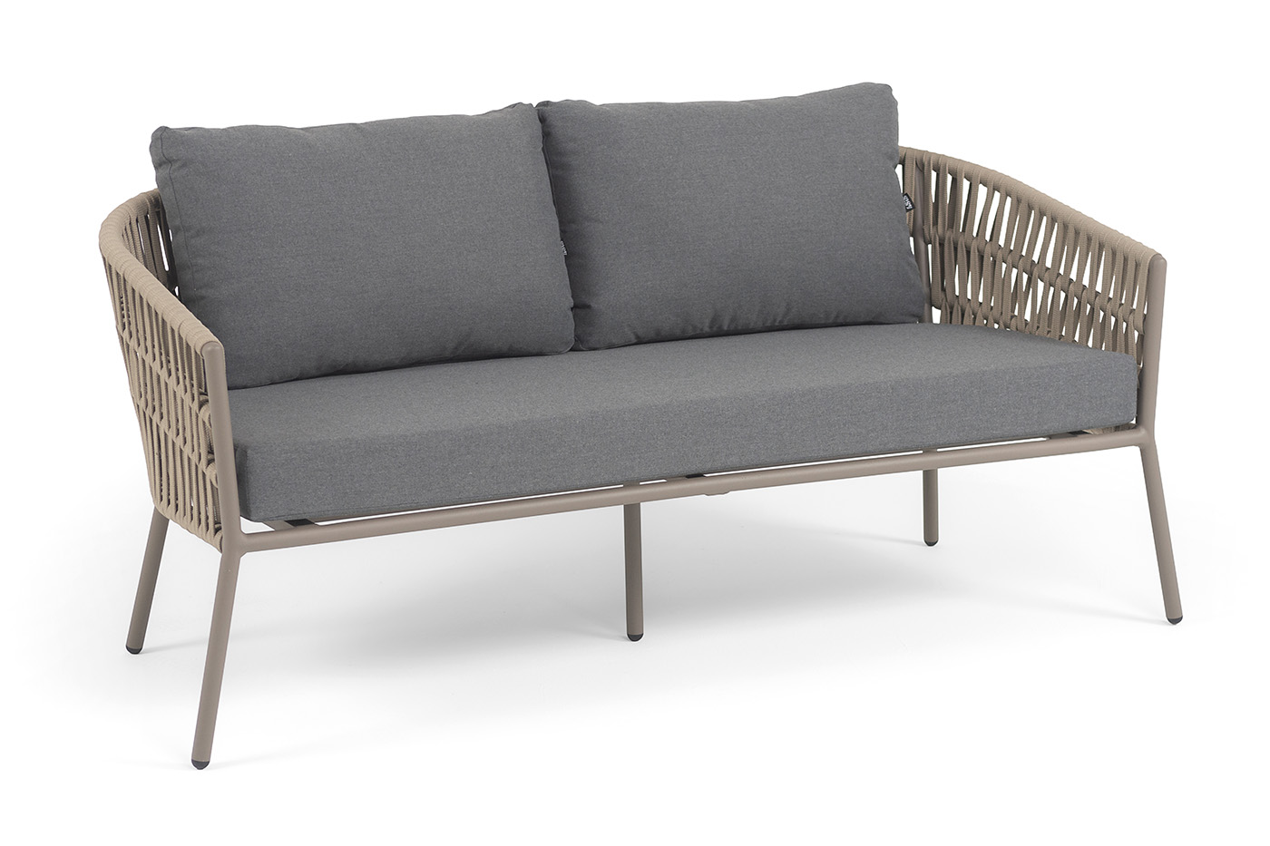 Комо диван 2-местный плетеный из роупа, каркас алюминий бежево-серый (RAL7006) муар, роуп серо-коричневый 23мм, ткань темно-серая 027 фото 2