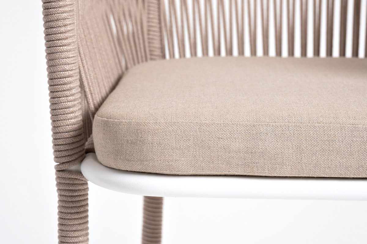 Марсель стул барный плетеный из роупа, каркас из стали белый муар, роуп бежевый круглый, ткань бежевая 15052 фото 7