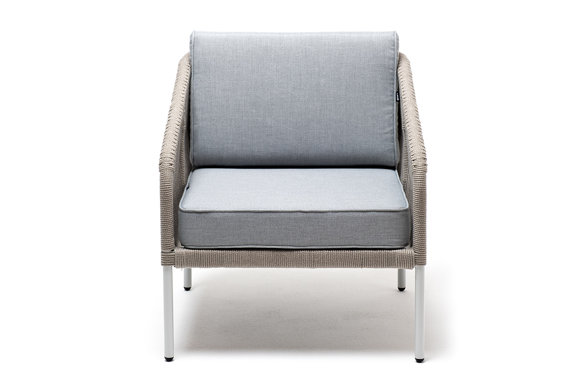 Канны кресло плетеное из роупа, каркас алюминий светло-серый (RAL7035) муар, роуп серый меланж круглый, ткань светло-серая фото 2