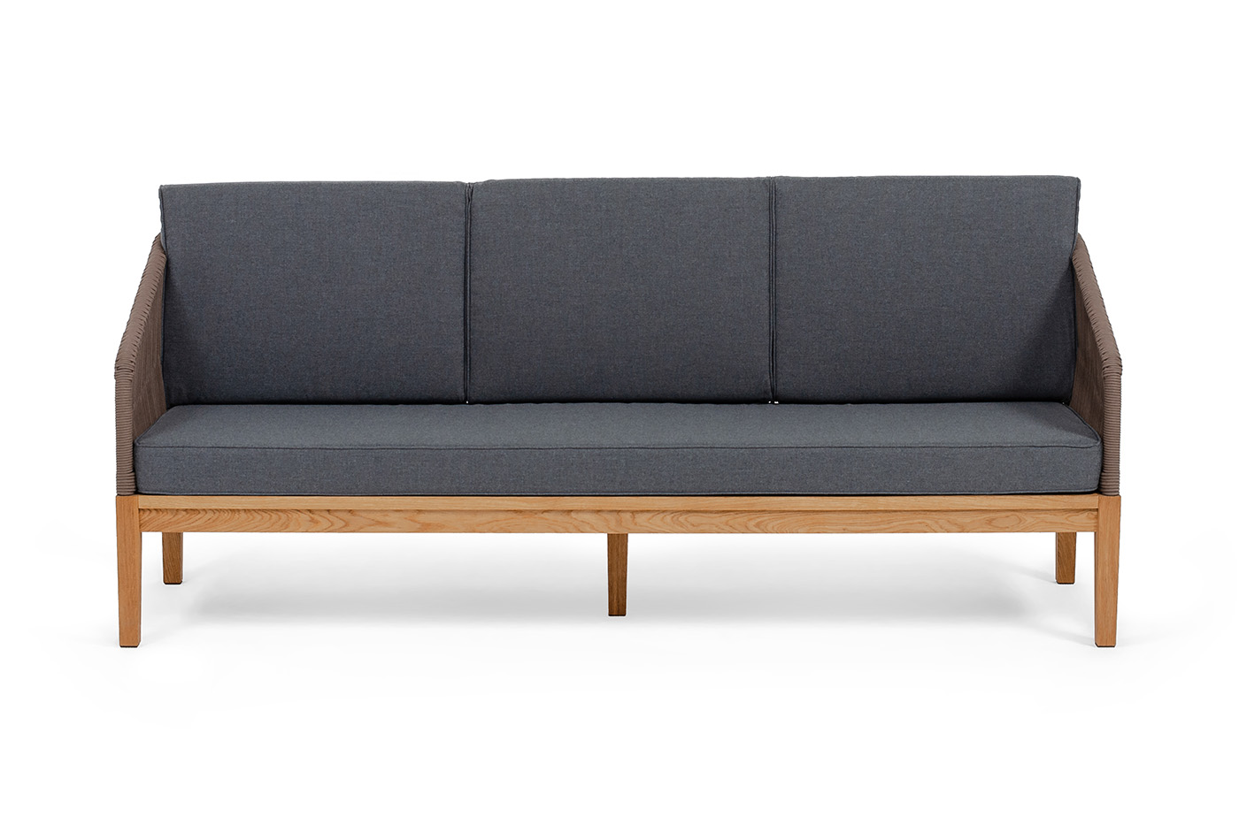 Канны диван 3-местный плетеный из роупа, основание дуб, роуп коричневый круглый, ткань темно-серая 027 фото 3