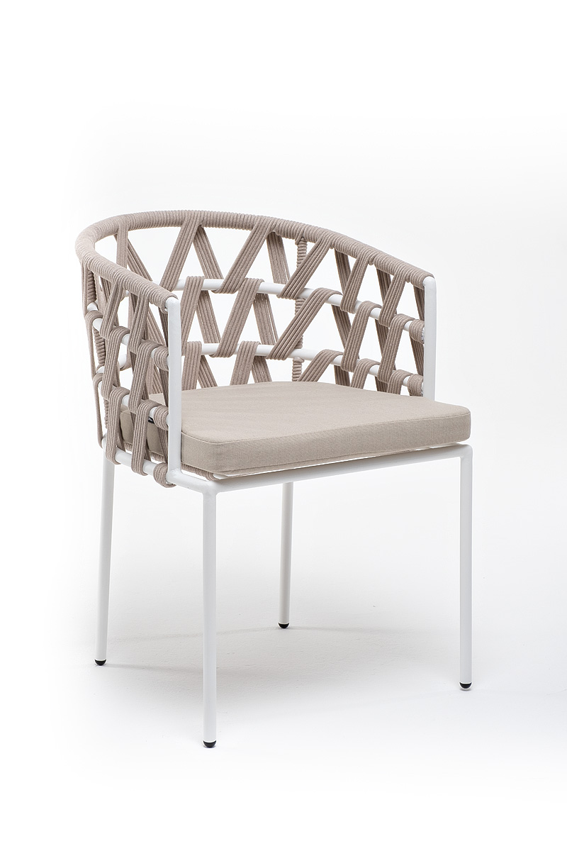 Диего стул плетеный из роупа, каркас из стали белый муар, роуп бежевый круглый, ткань бежевая 15052 фото 2