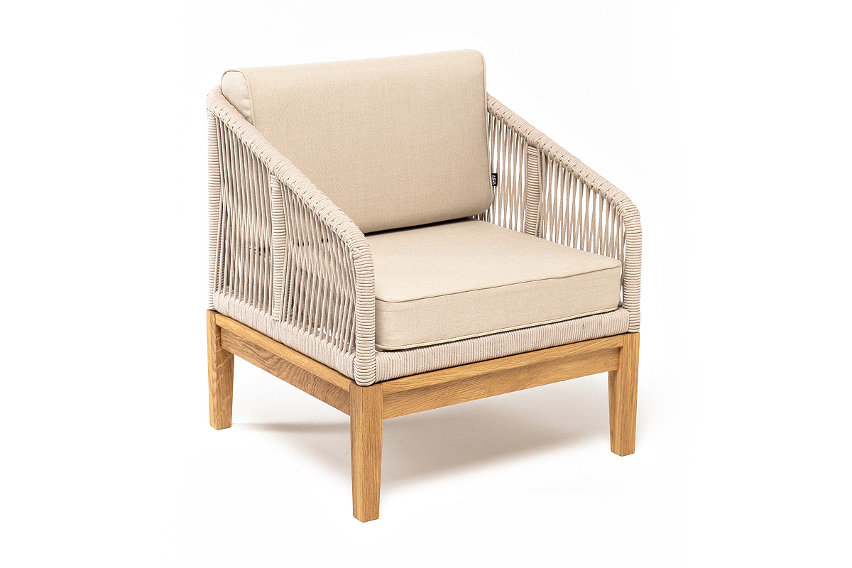 Канны кресло плетеное из роупа, основание дуб, роуп бежевый круглый, ткань бежевая 15052 фото 3