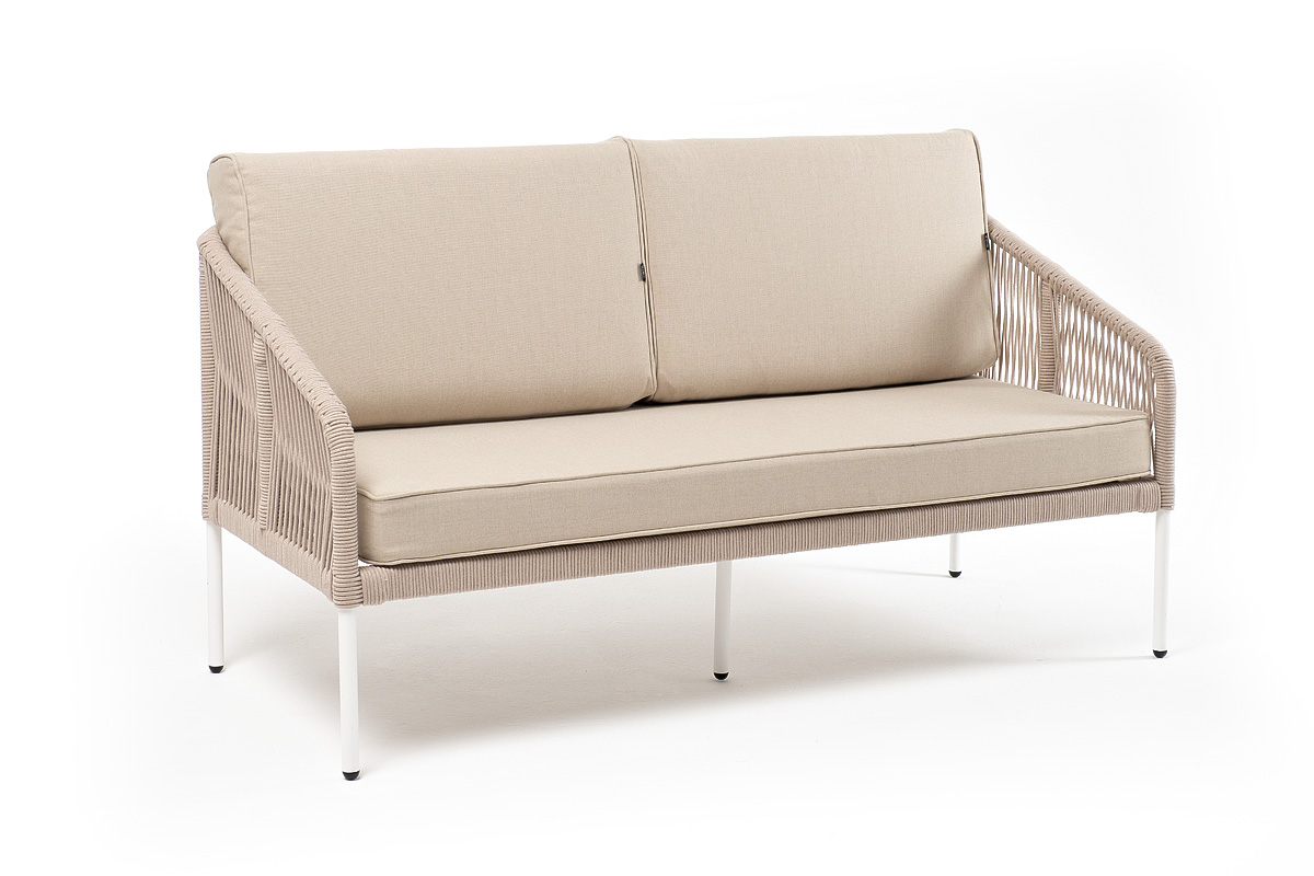 Канны диван 2-местный плетеный из роупа, каркас алюминий белый муар, роуп бежевый круглый, ткань бежевая 15052 фото 3