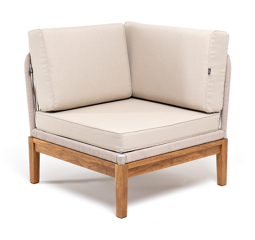 Канны угловой модуль плетеный из роупа, основание дуб, роуп бежевый круглый, ткань бежевая 15052 фото 1