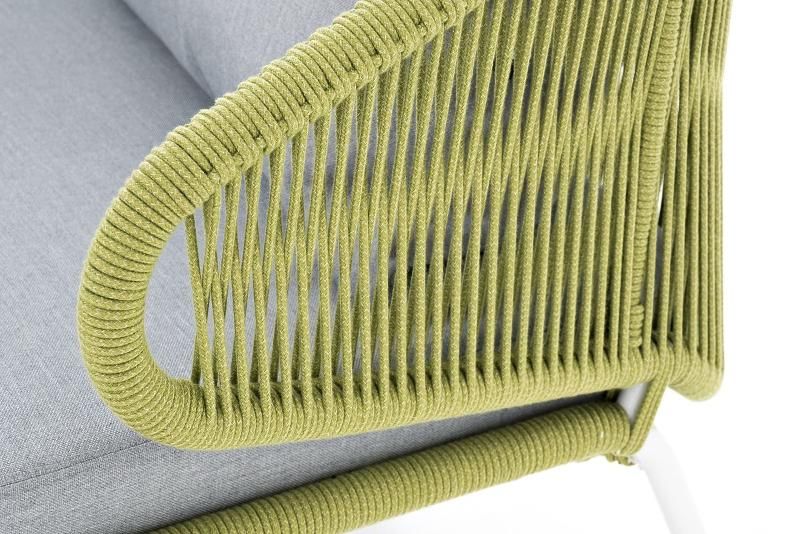 Диван двухместный Милан 4SIS из роупа (веревки), каркас алюминий светло-серый (RAL7035) шагрень, роуп салатовый меланж круглый, ткань светло-серая фото 6