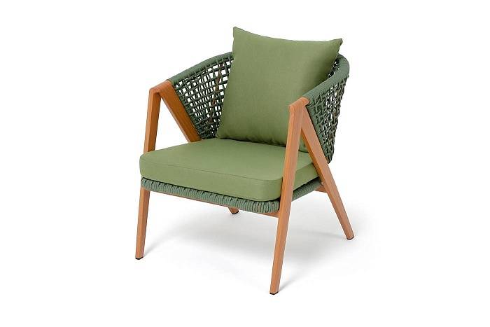 Кресло Амстердам 4SIS плетеное из роупа, каркас алюминий, роуп зеленый круглый, ткань зеленая фото 1