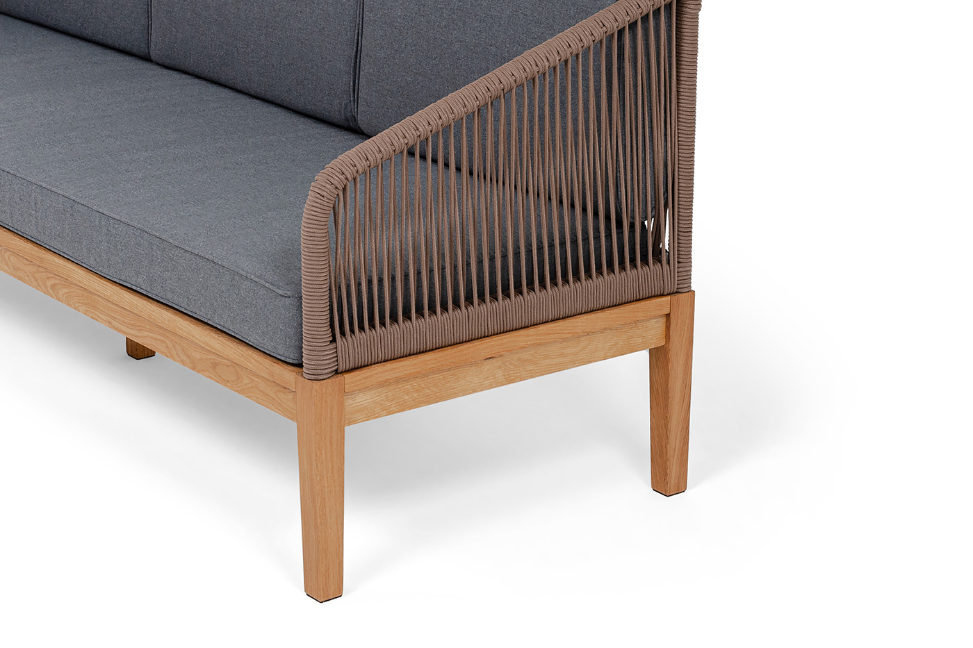 Канны диван 3-местный плетеный из роупа, основание дуб, роуп коричневый круглый, ткань темно-серая 027 фото 4