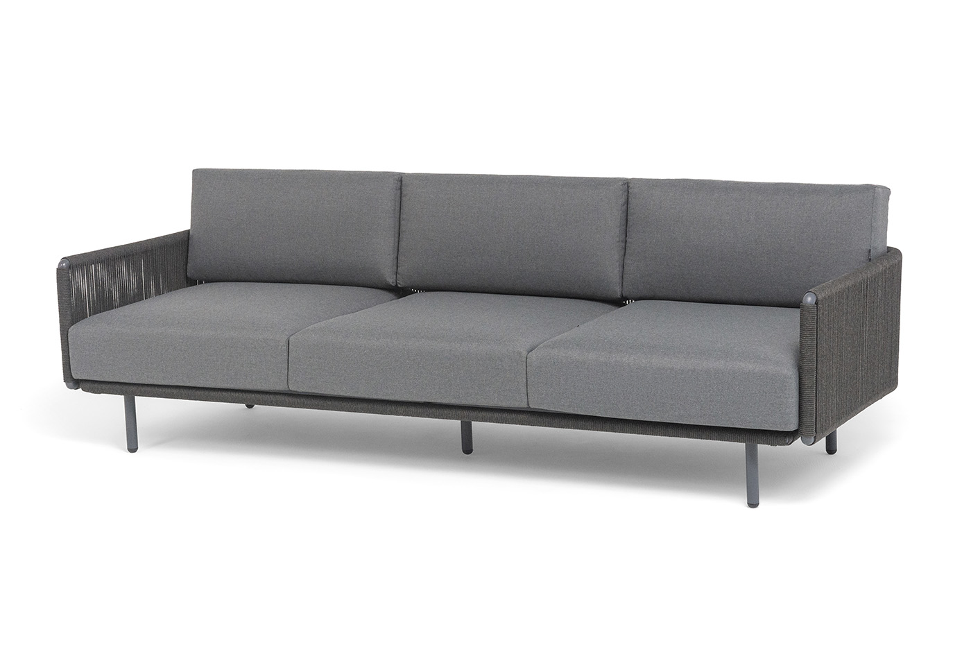 Джелло диван 3-местный плетеный из роупа, каркас алюминий темно-серый (RAL7024) муар, роуп темно-серый круглый, ткань темно-серая 027 фото 1