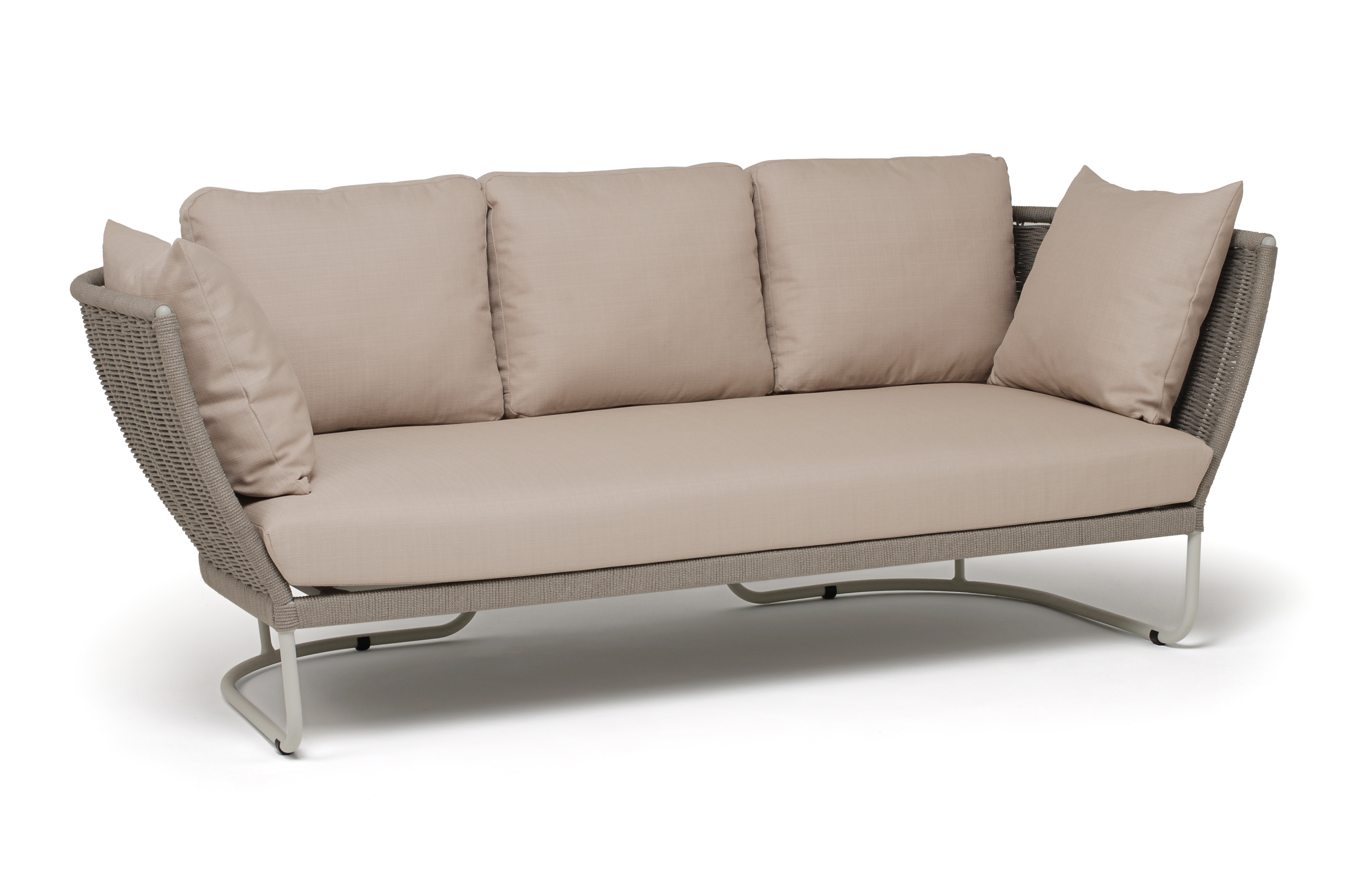 Фиджи диван 3-местный плетеный из роупа, каркас алюминий светло-серый (RAL7035) муар, роуп серый меланж круглый, ткань Mossle бежевая фото 3