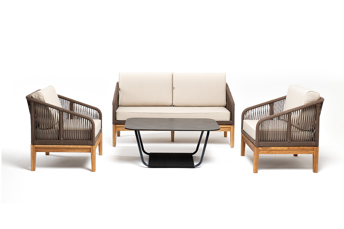 Канны лаунж-зона 4-местная из роупа со столом Гранада (серый гранит), основание дуб, роуп коричневый, ткань бежевая фото 3