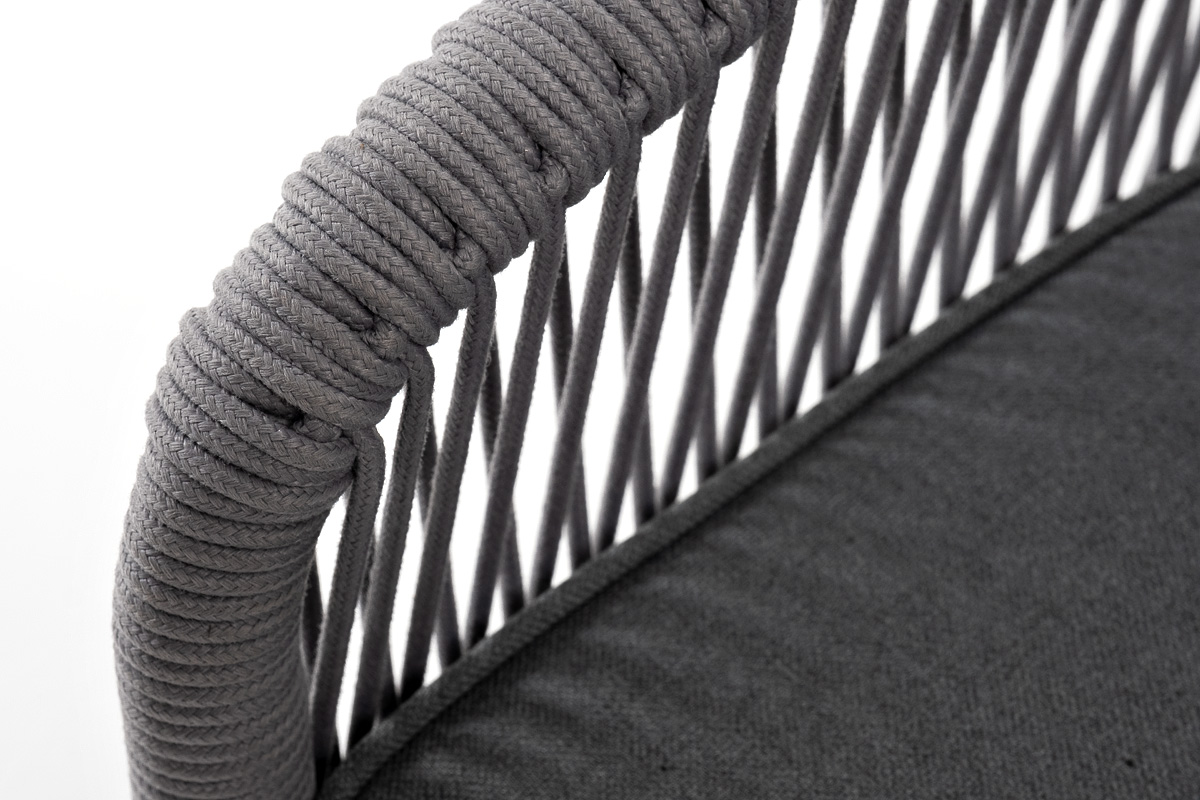 Канны диван 3-местный плетеный из роупа, каркас алюминий белый муар, роуп светло-серый круглый, ткань темно-серая 027 фото 6