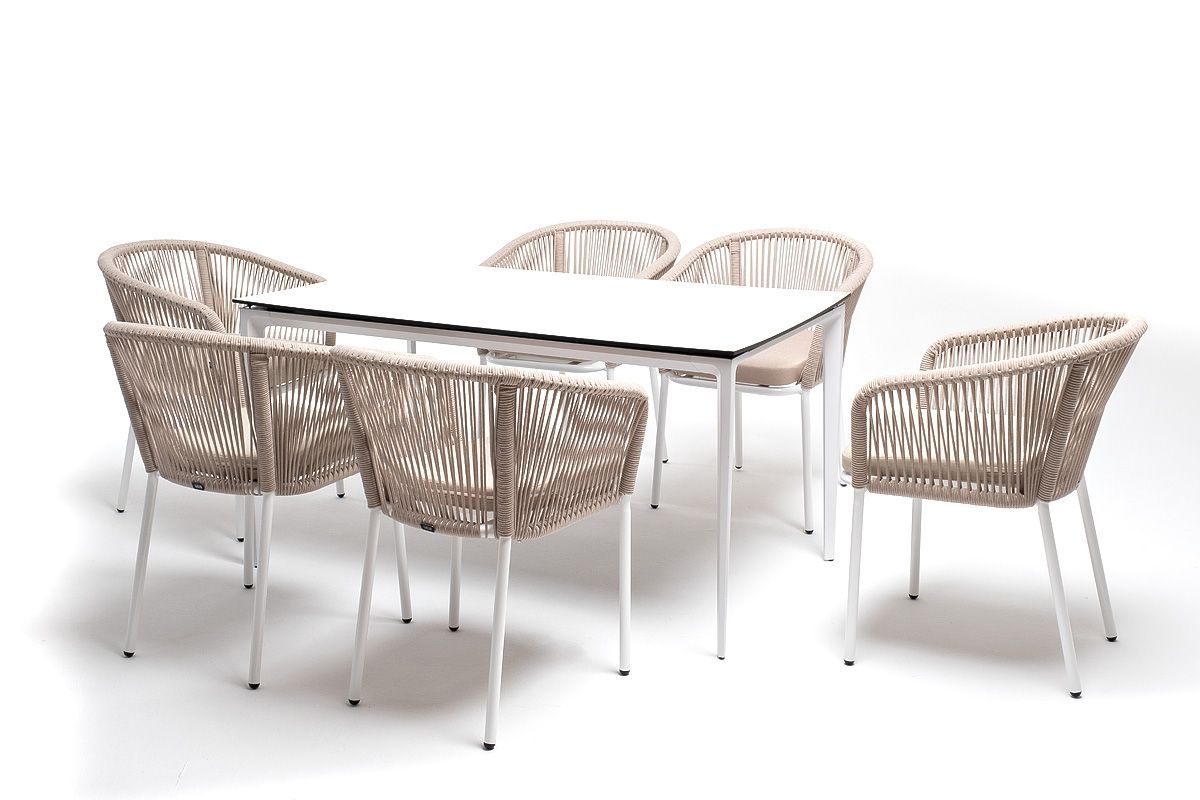 Обеденная группа Малага 4SIS на 6 персон со стульями "Марсель", каркас белый, роуп бежевый фото 4