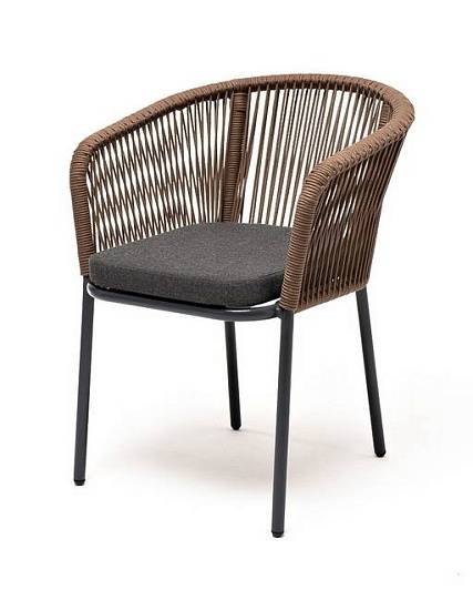 Стул Марсель 4SIS плетеный из роупа, каркас алюминий серый (RAL7022) муар, роуп коричневый круглый, ткань темно-серая 27 фото 1