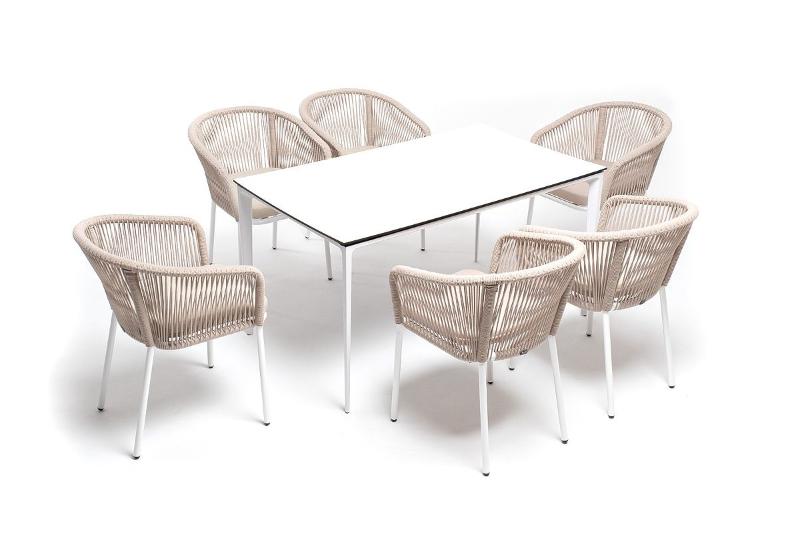 Обеденная группа Малага 4SIS на 6 персон со стульями "Марсель", каркас белый, роуп бежевый фото 2