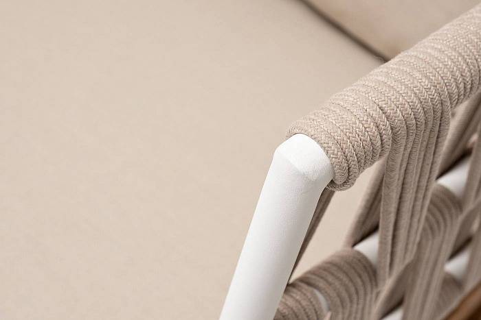 Диван Диего 4SIS 2-местный плетеный из роупа, основание дуб, каркас алюминий светло-серый (RAL7035) муар, роуп бежевый круглый, ткань бежевая 52 фото 2