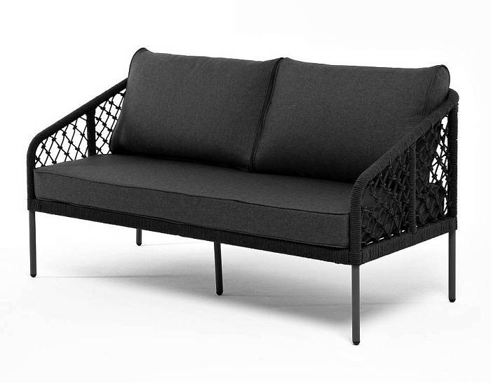 Диван Канны 4SIS 2-местный плетеный из роупа (узелки), каркас алюминий темно-серый (RAL7024) муар, роуп темно-серый круглый, ткань темно-серая 27 фото 1