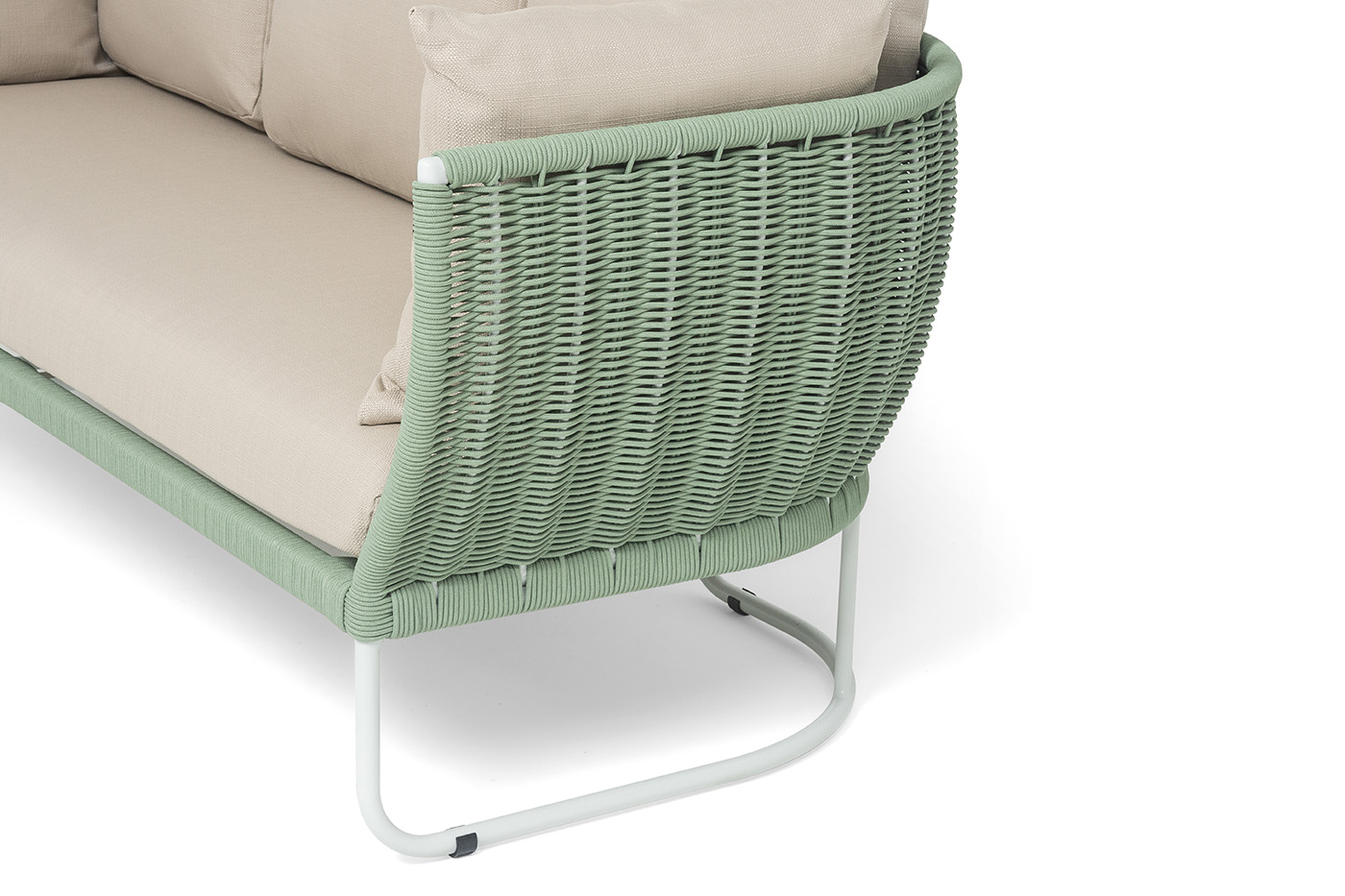 Фиджи диван 3-местный плетеный из роупа, каркас алюминий светло-серый (RAL7035) муар, роуп зеленый (4204) круглый tex, ткань Mossle бежевая фото 6