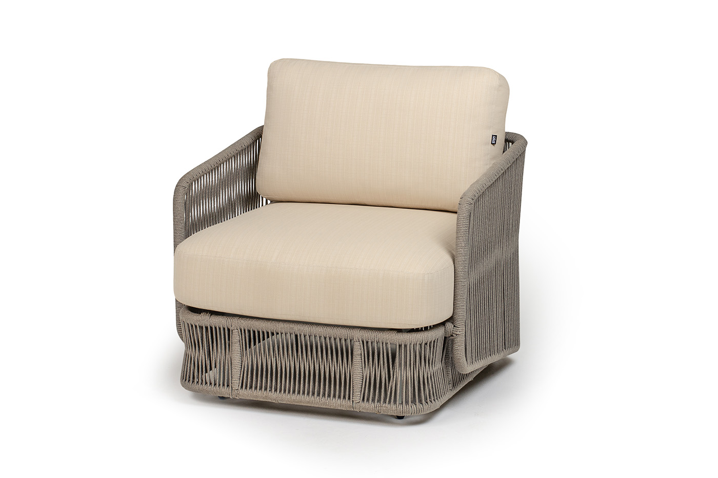 Альбано кресло плетеное из роупа, каркас алюминий светло-серый (RAL7035) муар, роуп серый меланж круглый, ткань Mossle светло-бежевая фото 1