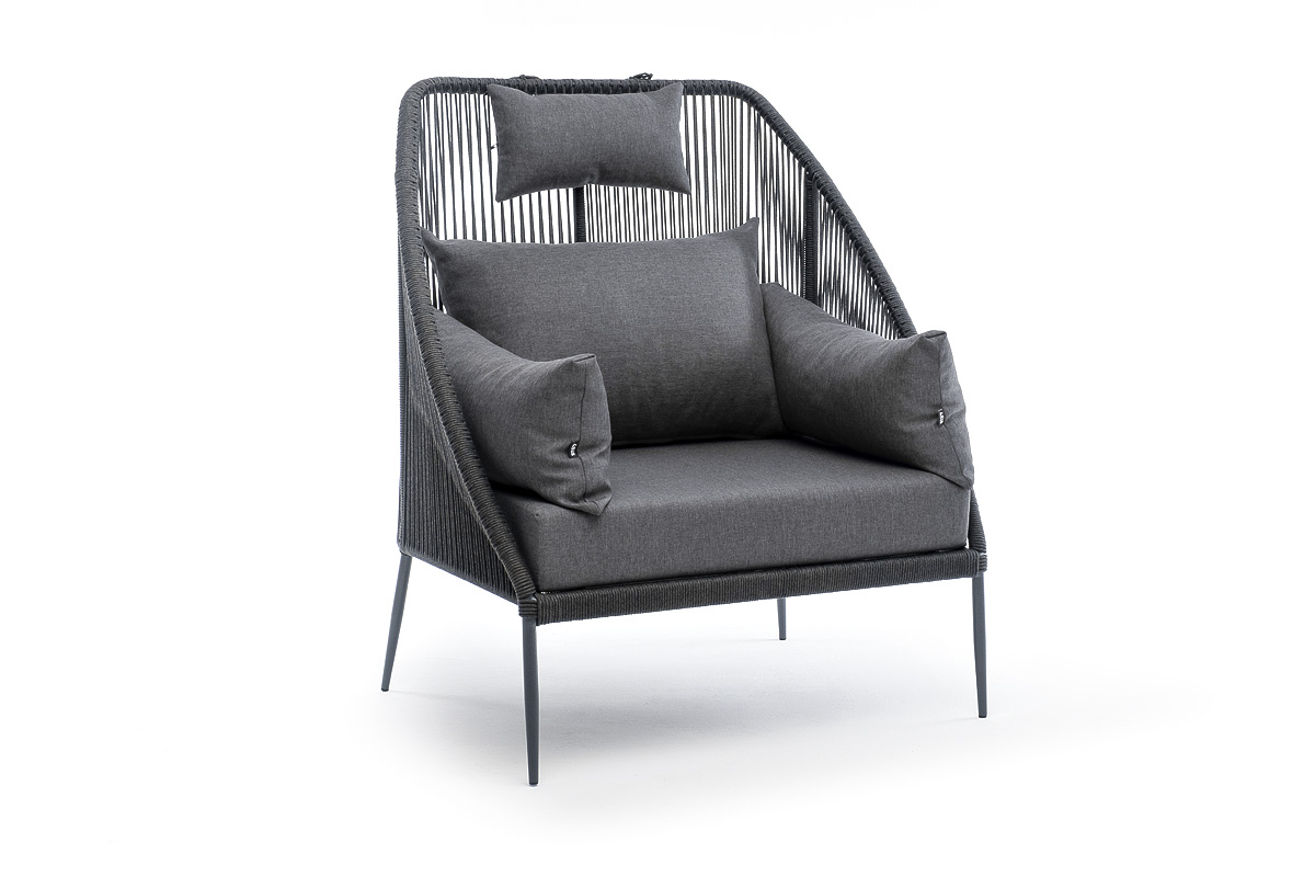 Мадрид кресло плетеное из роупа, каркас алюминий темно-серый (RAL7024) муар, роуп темно-серый круглый, ткань темно-серая 027 фото 3