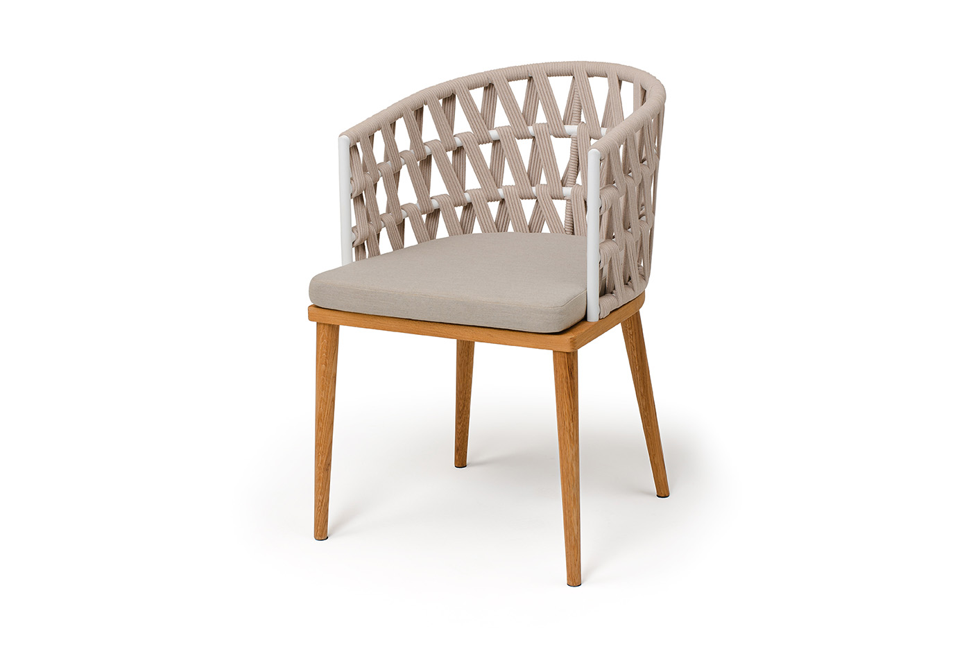 Диего стул плетеный из роупа, основание дуб каркас из стали белый муар, роуп бежевый круглый, ткань бежевая 052 фото 1