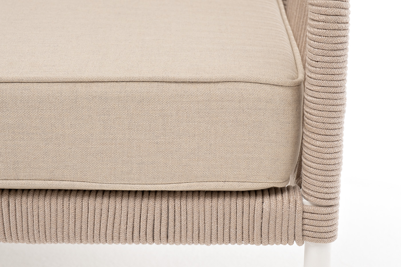 Канны левый модуль плетеный из роупа, каркас алюминий белый муар, роуп бежевый круглый, ткань бежевая 15052 фото 6