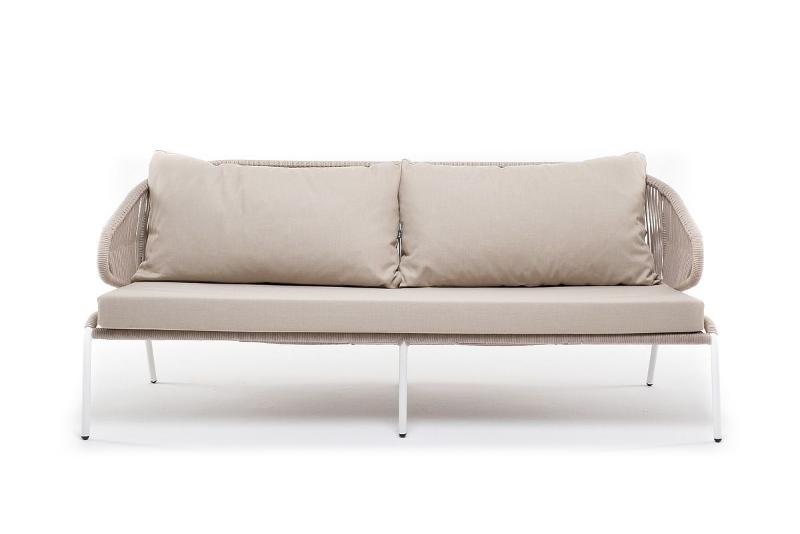 Диван трехместный Милан 4SIS из роупа (веревки), каркас алюминий белый, роуп бежевый круглый, ткань бежевая фото 3