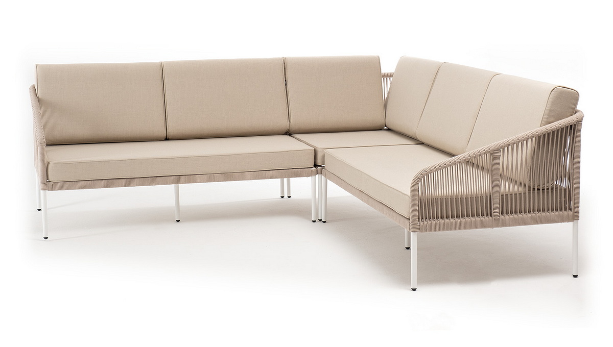 Канны диван модульный плетеный из роупа, каркас алюминий белый, роуп бежевый круглый, ткань бежевая 035 фото 2