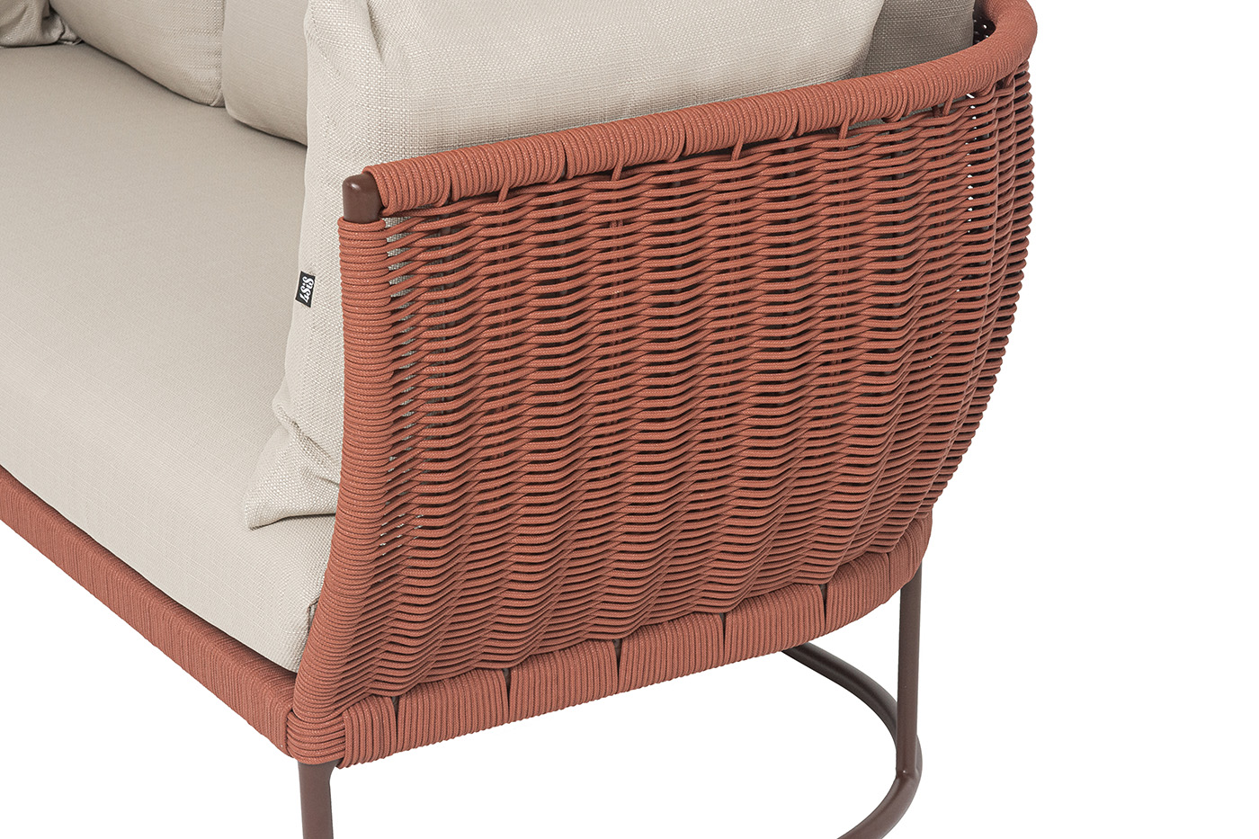 Фиджи диван 3-местный плетеный из роупа, каркас алюминий коричневый (RAL8016) муар, роуп красный (8372) круглый tex, ткань Mossle бежевая фото 7