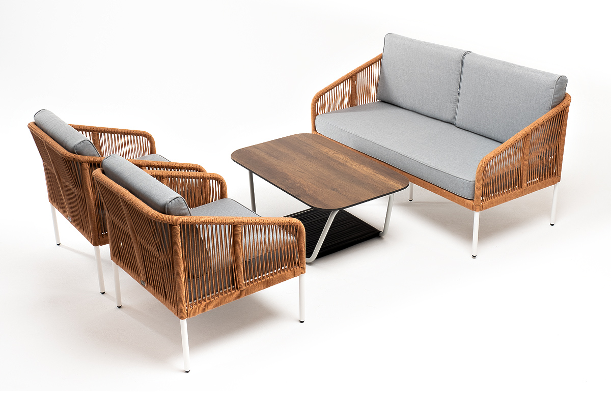 Канны лаунж-зона 4-местная из роупа со столом Глория цвет дуб, каркас алюминиевый белый, роуп оранжевый меланж фото 2