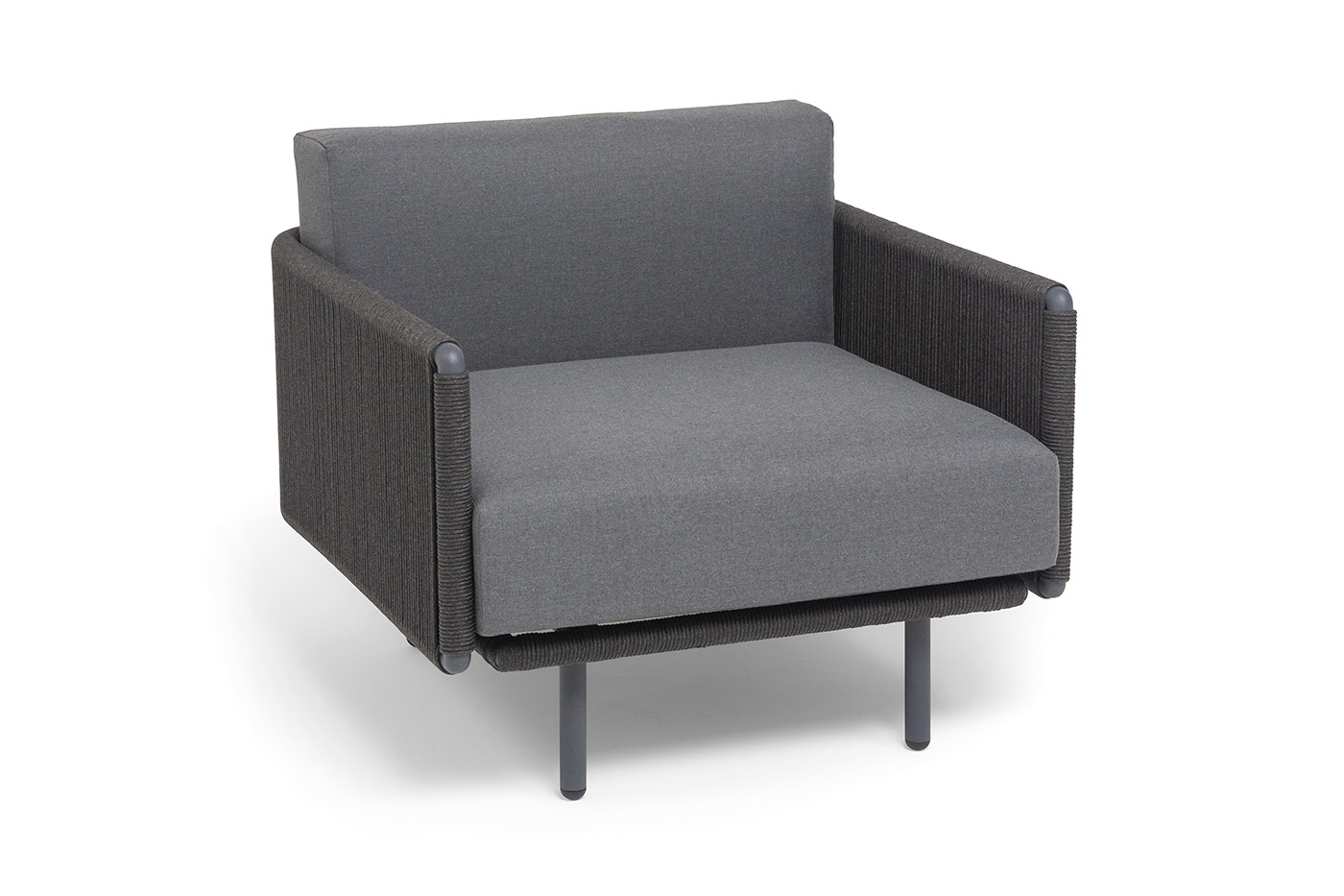 Джелло кресло плетеное из роупа, каркас алюминий темно-серый (RAL7024) муар, роуп темно-серый круглый, ткань темно-серая 027 фото 2