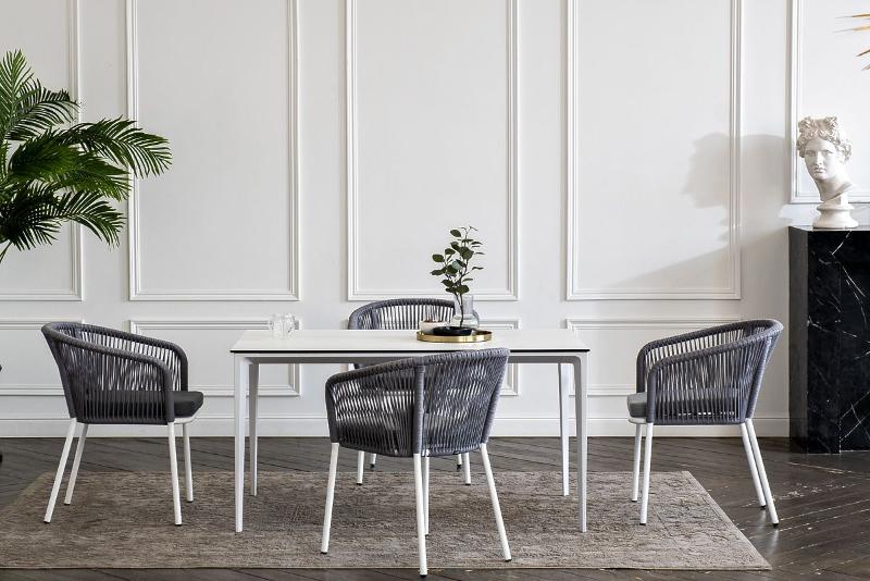 Обеденная группа Малага 4SIS на 4 персоны со стульями "Марсель", каркас белый, роуп светло-серый фото 5