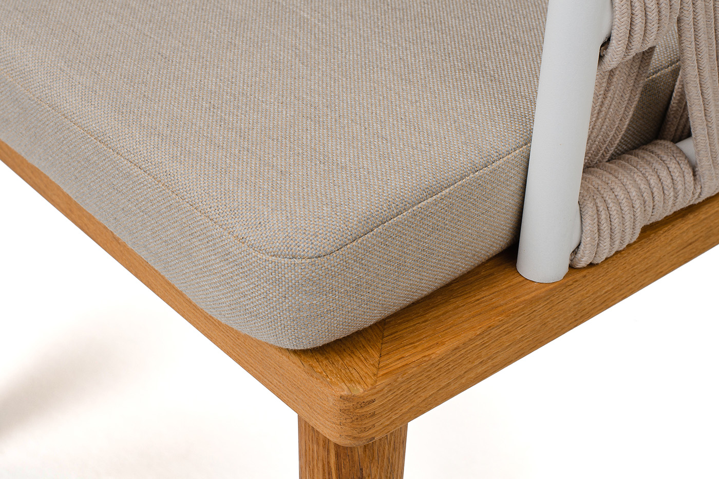 Диего стул плетеный из роупа, основание дуб каркас из стали белый муар, роуп бежевый круглый, ткань бежевая 052 фото 6