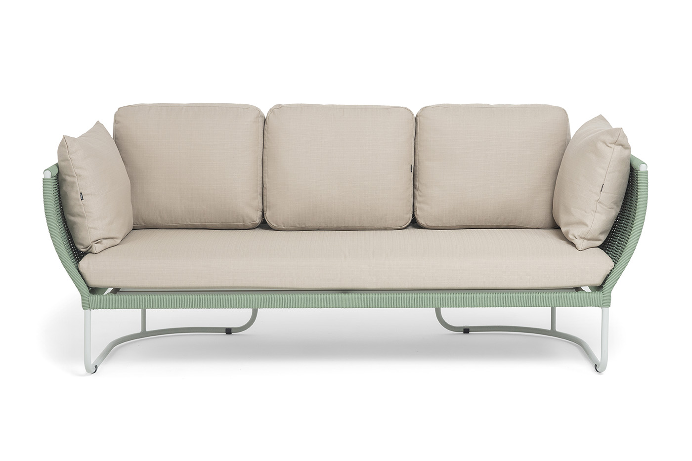 Фиджи диван 3-местный плетеный из роупа, каркас алюминий светло-серый (RAL7035) муар, роуп зеленый (4204) круглый tex, ткань Mossle бежевая фото 3