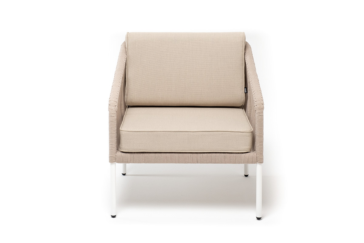 Канны кресло плетеное из роупа, каркас алюминий белый, муар, роуп бежевый круглый, ткань бежевая 035 фото 2