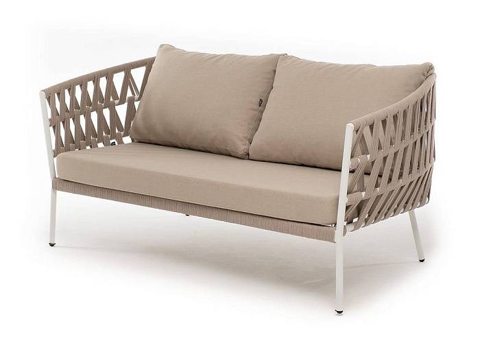 Диван Диего 4SIS 2-местный плетеный из роупа, каркас алюминий белый муар, роуп бежевый круглый, ткань бежевая 35 фото 1