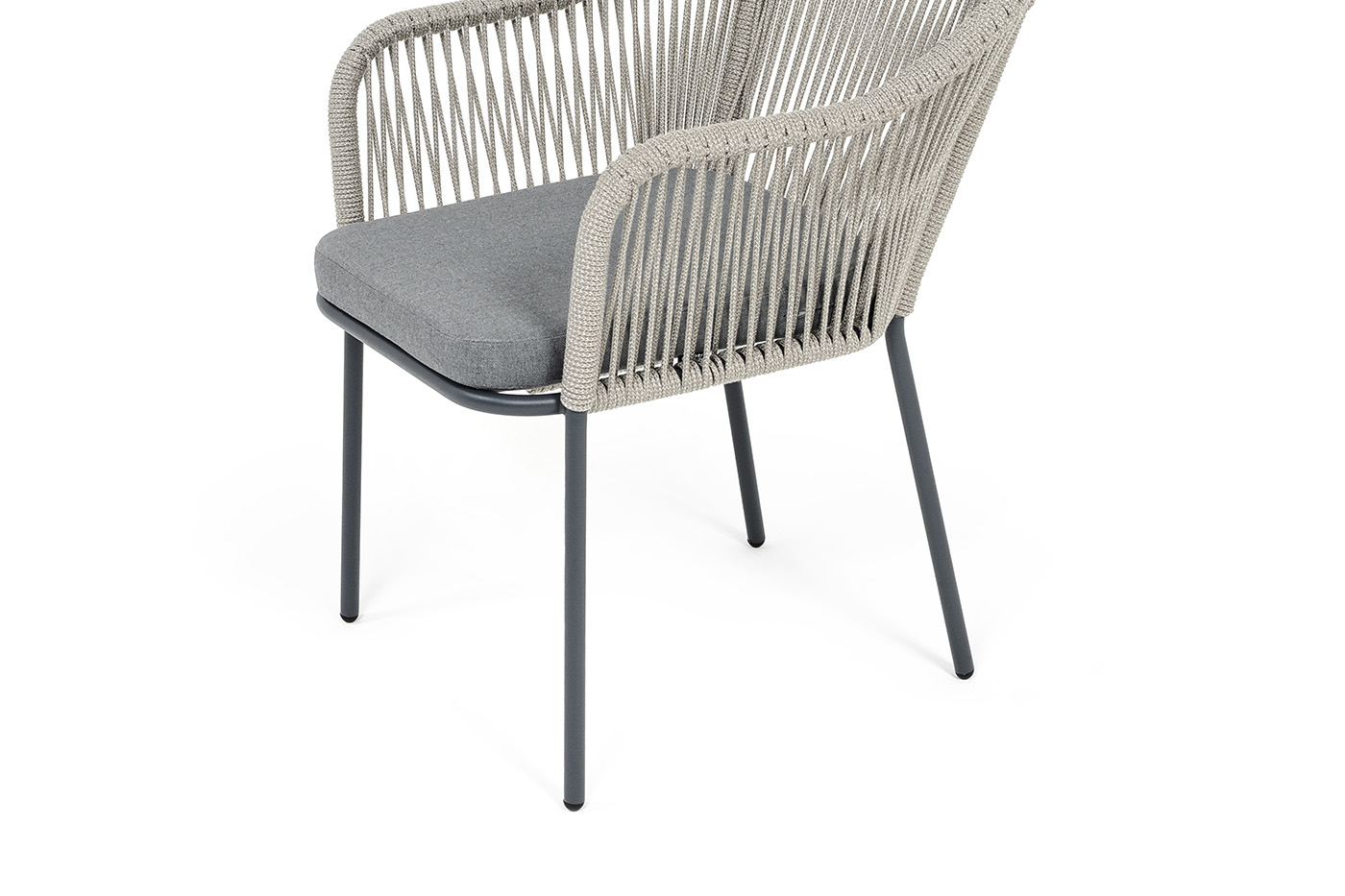 Лион стул плетеный из роупа, каркас из стали темно-серый (RAL7024) муар, роуп серый меланж круглый, ткань серая 017 фото 4