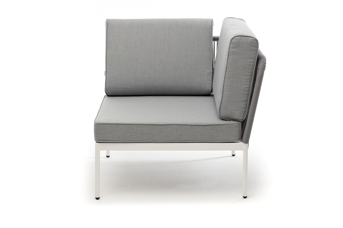 Канны угловой модуль плетеный из роупа, каркас алюминий белый муар, роуп светло-серый круглый, ткань светло-серая фото 2