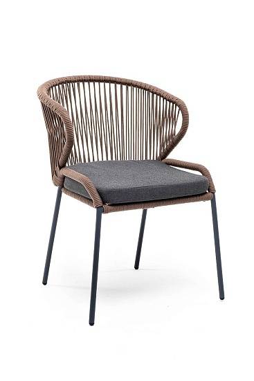 Стул Милан 4SIS плетеный из роупа, каркас алюминий серый (RAL7022) муар, роуп коричневый круглый, ткань темно-серая 27 фото 2