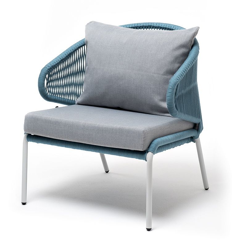 Кресло плетеное Милан 4SIS из роупа, каркас алюминий светло-серый (RAL7035) шагрень, роуп бирюзовый круглый, ткань светло-серая фото 1