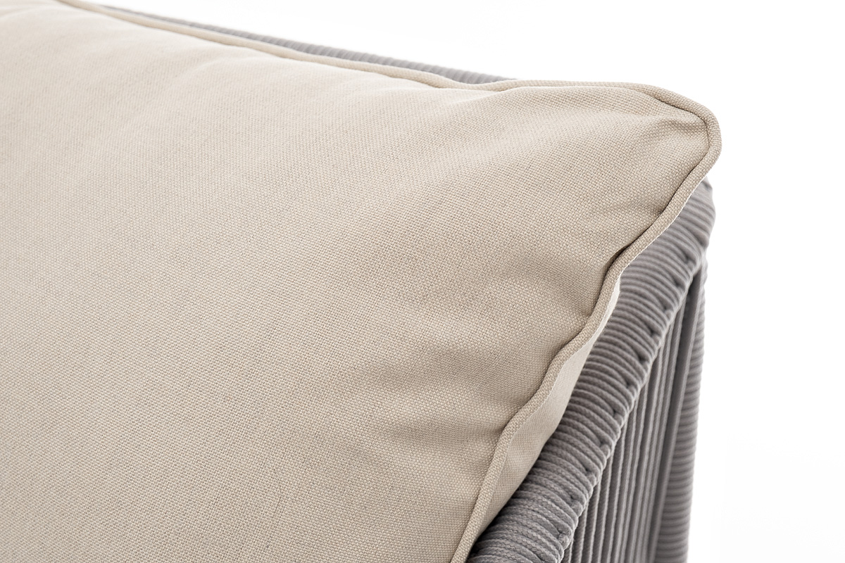 Канны диван 3-местный плетеный из роупа, каркас алюминий белый муар, роуп светло-серый круглый, ткань бежевая 15052 фото 6