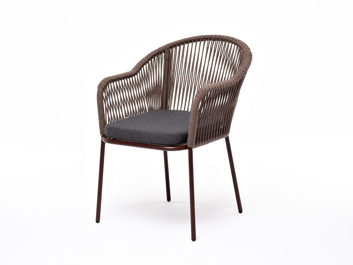 Лион стул плетеный из роупа, каркас из стали коричневый (RAL8016) муар, роуп коричневый круглый, ткань бежевая фото 1