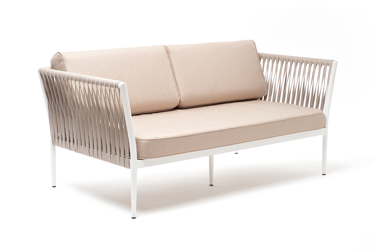 Касабланка диван 2-местный плетеный из роупа, каркас алюминий светло-серый (RAL7035) муар, роуп серо-коричневый 23мм, ткань бежевая 15052 фото 3