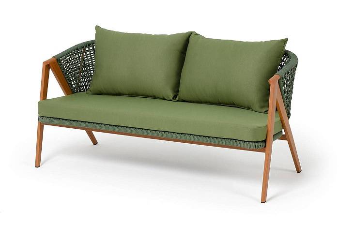 Диван Амстердам 4SIS 2-местный плетеный из роупа, каркас алюминий, роуп зеленый круглый, ткань зеленая фото 1