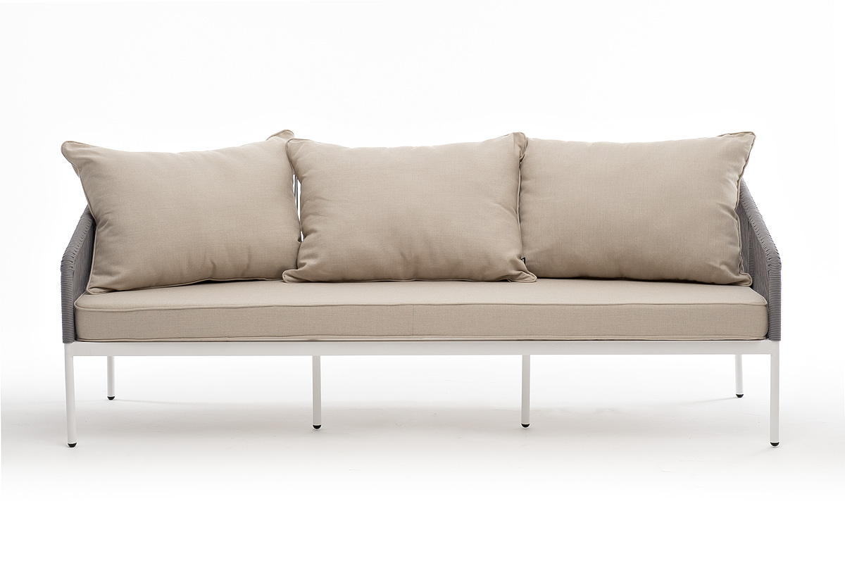 Канны диван 3-местный плетеный из роупа, каркас алюминий белый муар, роуп светло-серый круглый, ткань бежевая 15052 фото 2