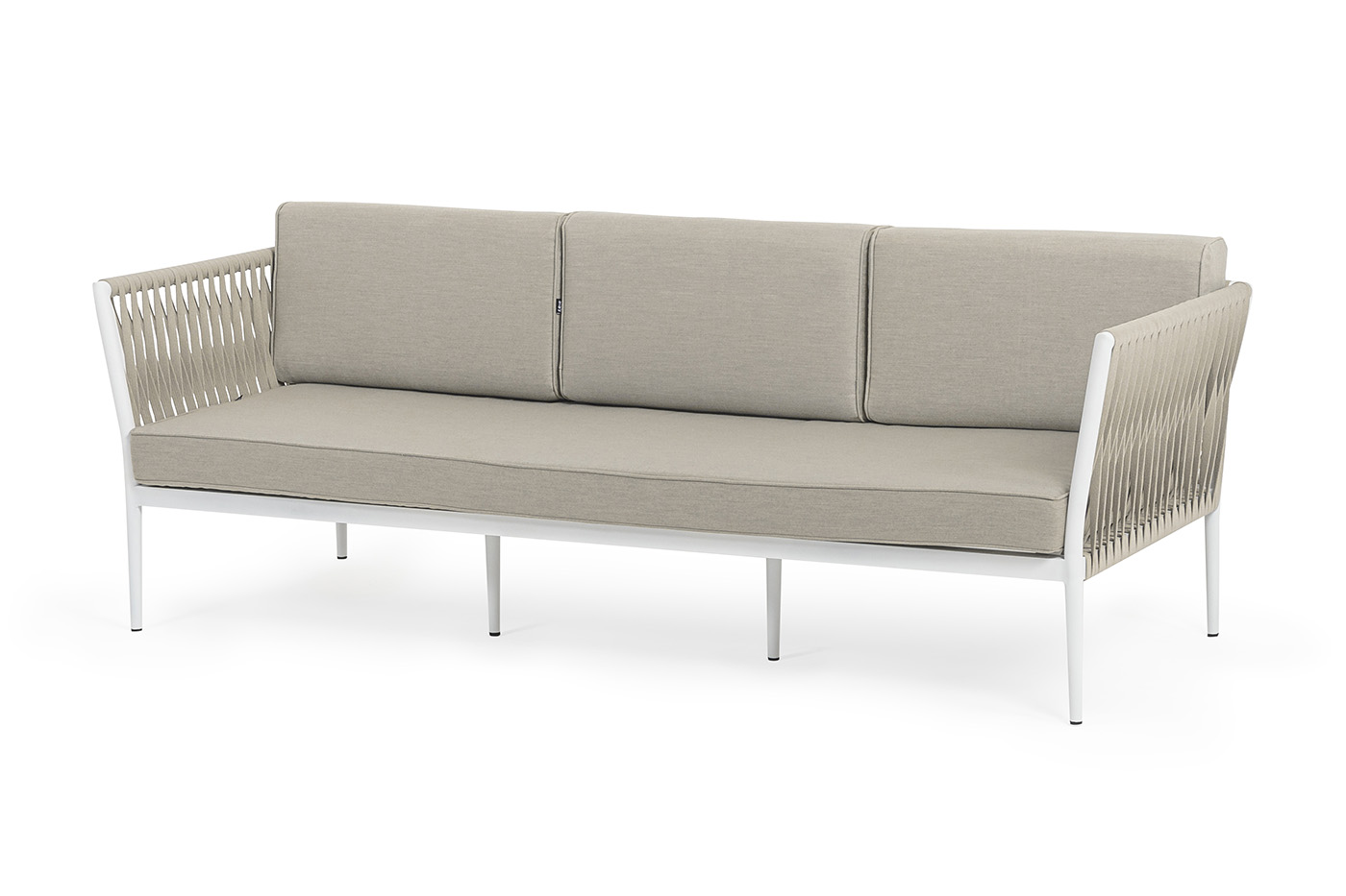 Касабланка диван 3-местный плетеный из роупа, каркас алюминий белый муар, роуп бежевый 20мм, ткань бежевая 052 фото 1