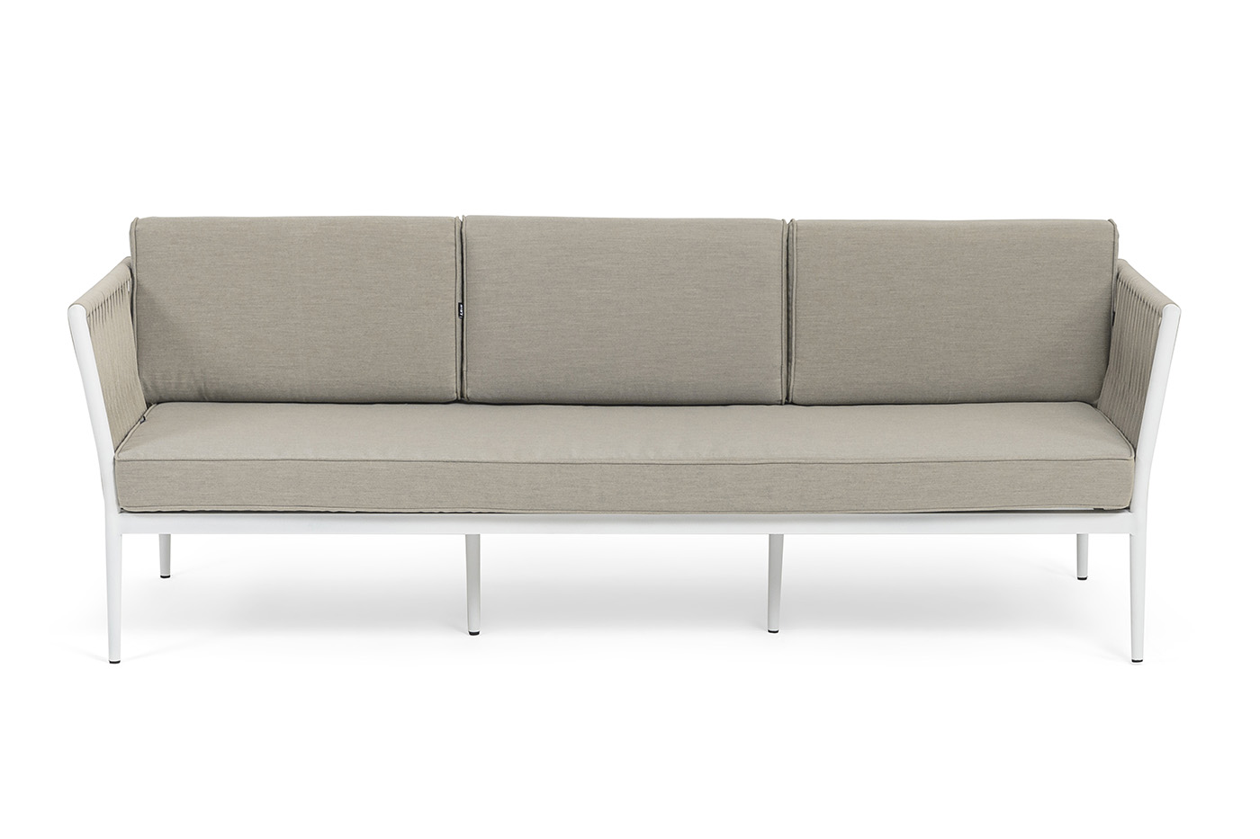 Касабланка диван 3-местный плетеный из роупа, каркас алюминий белый муар, роуп бежевый 20мм, ткань бежевая 15052 фото 2