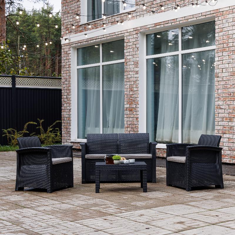 Обеденный комплект Lily Royal Family из пластика с двухместным диваном, цвет черный фото 1